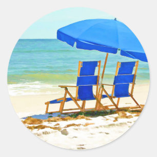 Beach, Umbrella en Chairs bij de Shore Ronde Sticker