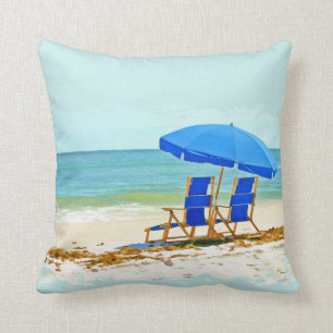 Beach, Umbrella, Ocean & Chairs Kussen