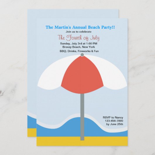 Beach Umbrella Party Invitation Kaart (Voorkant / Achterkant)