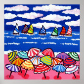 Beach Umbrellas Sailships Fun Folk Art Poster (Voorkant)