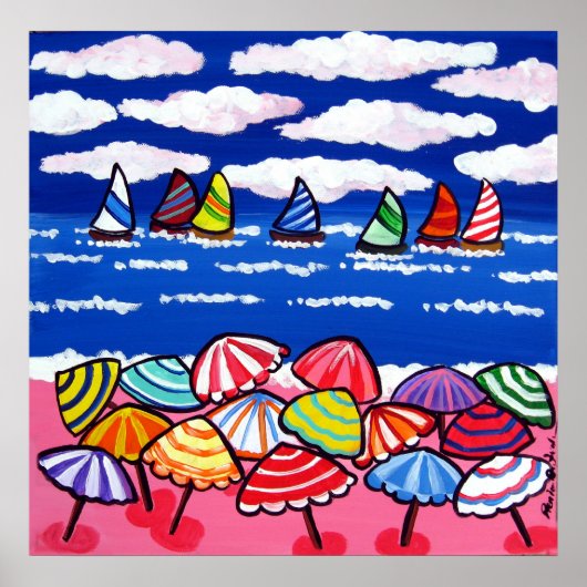 Beach Umbrellas Sailships Fun Folk Art Poster (Voorkant)