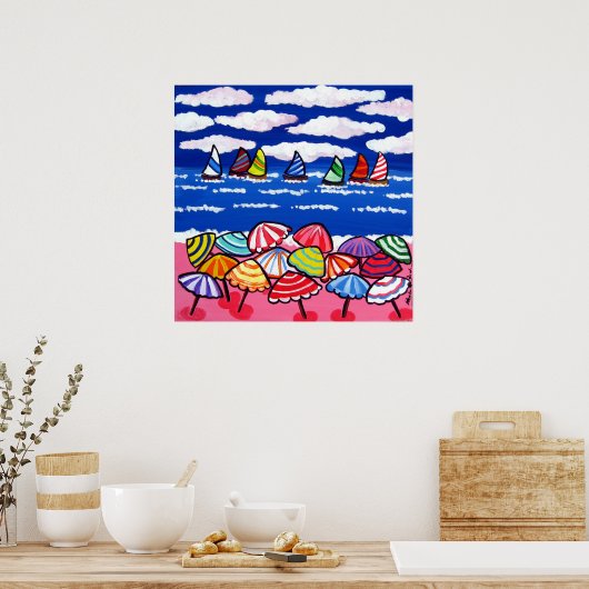 Beach Umbrellas Sailships Fun Folk Art Poster (Keuken)