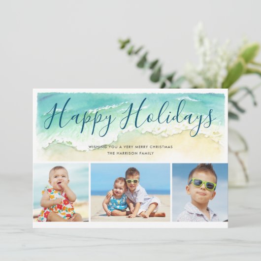 Beach Vacation Prettige feestdagen Coastal 3-Photo Feestdagenkaart (Staand voorkant)