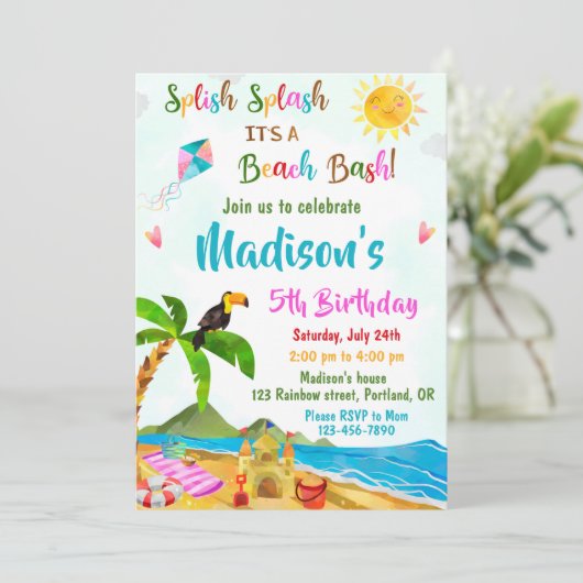 Beach verjaardagsuitnodiging Pool party-uitnodigin Kaart (Staand voorkant)