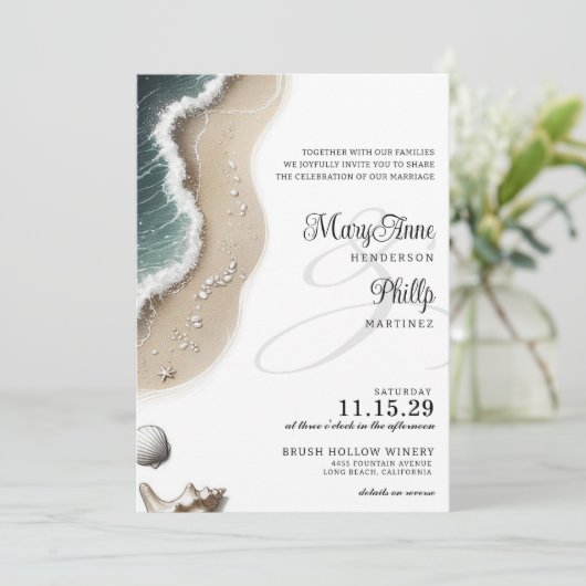 Beach Vibe met details Uitnodiging voor de bruilof (Staand voorkant)