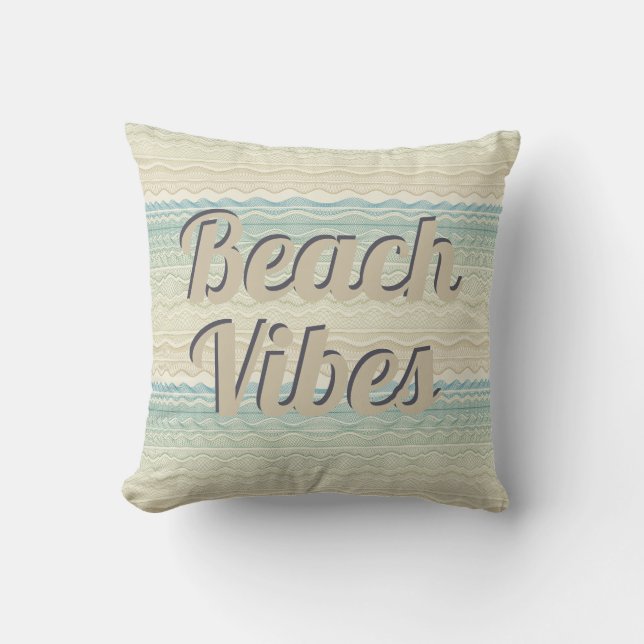 Beach Vibes Beige and Blue Waves Kussen (Voorkant)