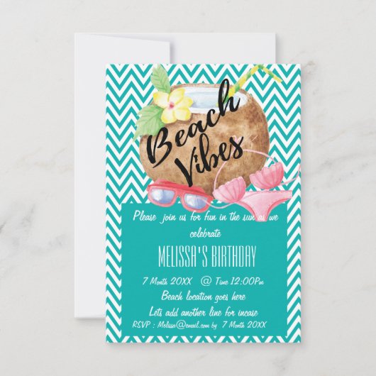 Beach Vibes - Coconut en Bikini Party Invite Kaart (Voorkant)