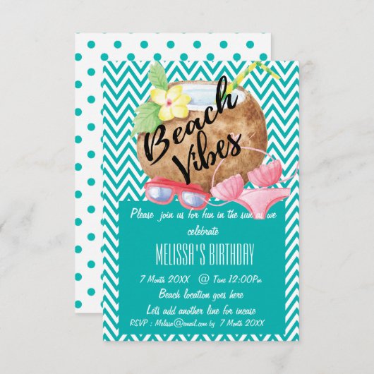Beach Vibes - Coconut en Bikini Party Invite Kaart (Voorkant / Achterkant)