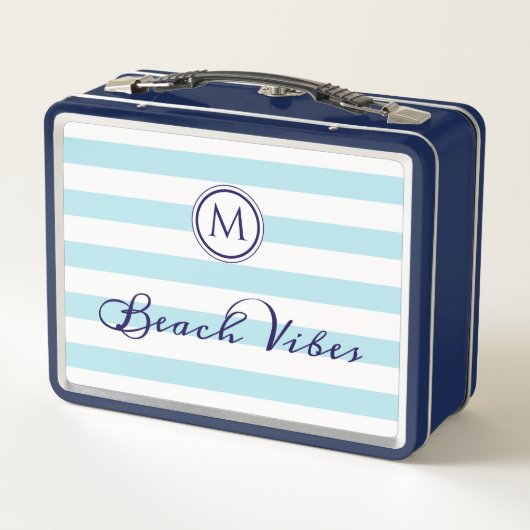 Beach Vibes Cool Blauw Witte Strepen Monogram (Achterkant)