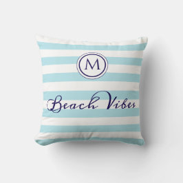 Beach Vibes Monogram Gestreept Licht Blauw Wit Kussen
