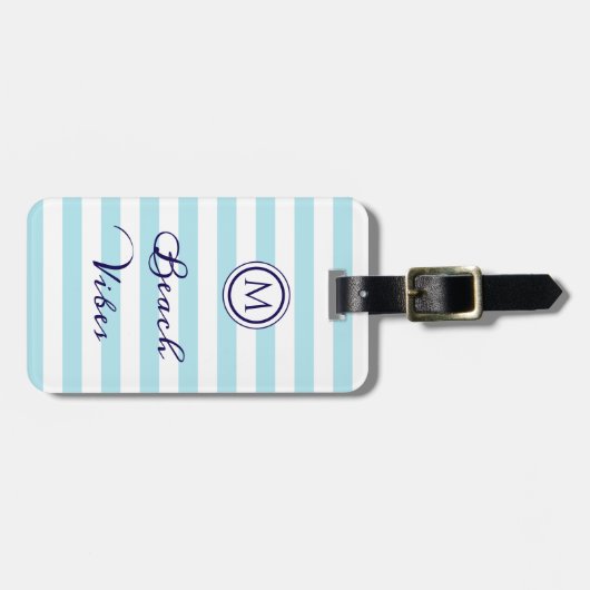 Beach Vibes nautische streep blauw wit monogram Bagagelabel (Voorkant horizontaal)