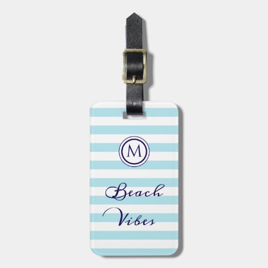 Beach Vibes nautische streep blauw wit monogram Bagagelabel (Voorkant verticaal)
