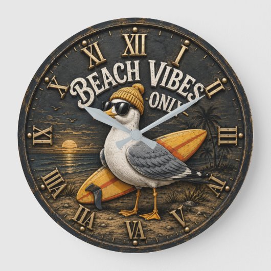Beach Vibes Only Seagull Coastal Surf Decor Grote Klok (Voorkant)