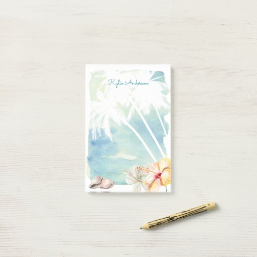 Beach Vibes Tropische Waterverf | Gepersonaliseerd Post-it® Notes (Op bureau)