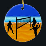 Beach Volleyball Keramisch Ornament<br><div class="desc">De sportbeoefening en de energie van volleybalatleten zijn te zien in silhouetten van actiecijfers die extreem spel en extreme strategieën van de rechtbank demonstreren. Digitale schilderijen en illustraties van deze tieners, jonge mannen, vrouwen en pros zijn onder meer de achtergronden van heldere, levendige kleuren en lichtdoorlatende beelden en lichtdoorlatende beelden...</div>