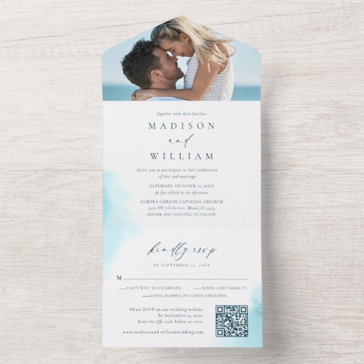 Beach Waterverf bruiloft in één uitnodiging (Binnen)