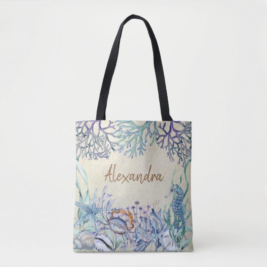 Beach Waterverf Ocean Zee Life gepersonaliseerd Tote Bag (Voorkant)