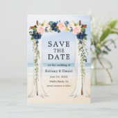 Beach Waterverf Pink Blue Floral Save The Date (Staand voorkant)