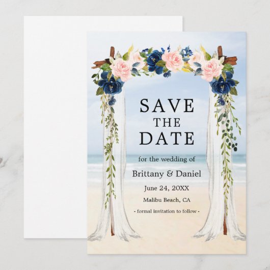 Beach Waterverf Pink Blue Floral Save The Date (Voorkant / Achterkant)
