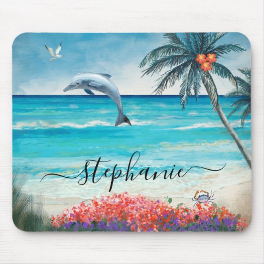 Beach Waterverf Seascape Dolphin Monogram Muismat (Voorkant)
