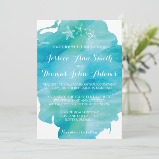 Beach Waterverf Starfish Ocean Wedding Invitation Kaart (Staand voorkant)