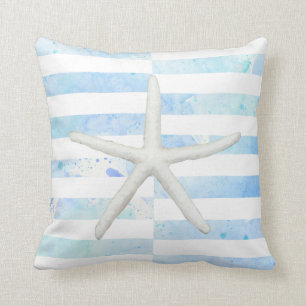 Beach Waterverf Starfish Wide Striped Blue White Kussen