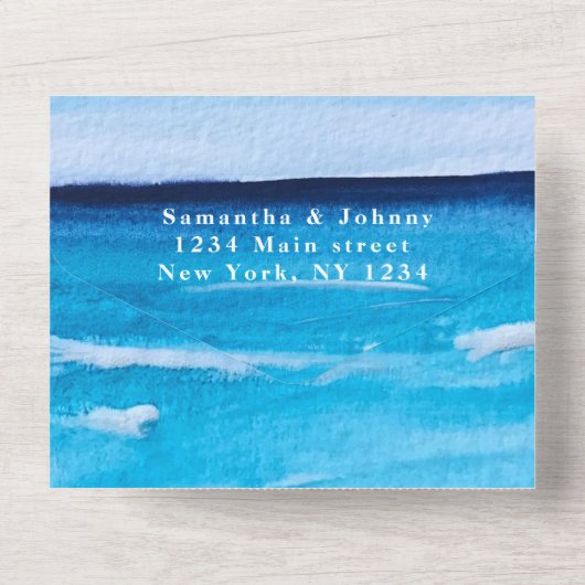 Beach Waterverf Tropical Destination Ocean Wave All In One Uitnodiging (Achterkant)