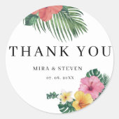 Beach Waterverf Tropical Flower Wedding dank u Ronde Sticker (Voorkant)