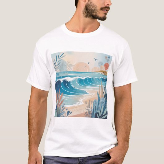 Beach Wave Minimal Art T-shirt – Kalme Kust Esthet (Voorkant)