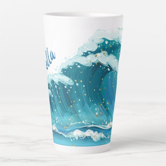 Beach Wave Peaceful Blue en Glitter Schattige Latte Mok (Voorkant)