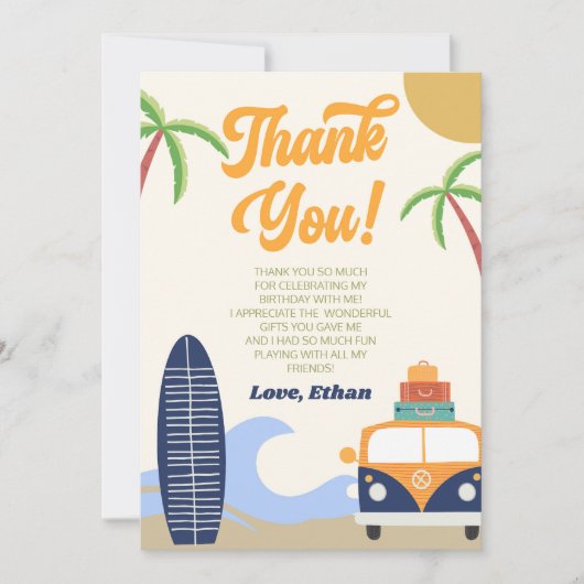 Beach Wave Surven Board Blue Verjaardagsfeest Bedankkaart (Voorkant)