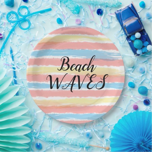 Beach Waves Geel Roze Blauw Waterverf Papieren Bordje (Feest)