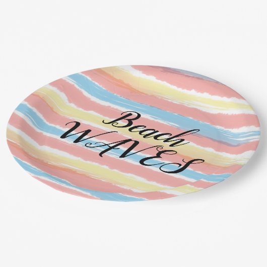 Beach Waves Geel Roze Blauw Waterverf Papieren Bordje (Gekanteld)