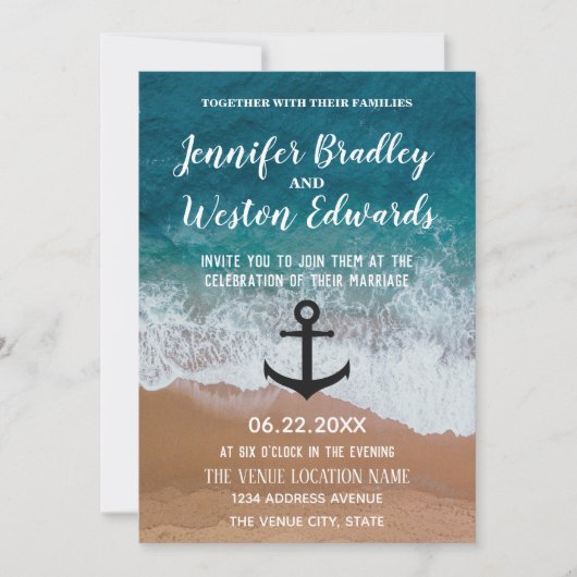 Beach Waves Monogram Anchor Nautical Wedding Kaart (Voorkant)