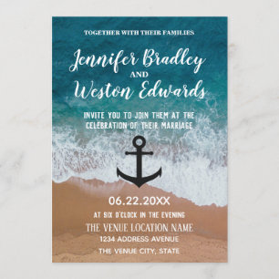 Beach Waves Monogram Anchor Nautical Wedding Kaart