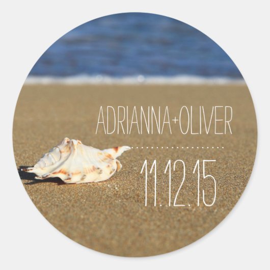 Beach Waves Seashell | Zand | Trouwgunst Ronde Sticker (Voorkant)