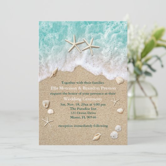 Beach Waves & Starfish bruiloft uitnodiging (Staand voorkant)