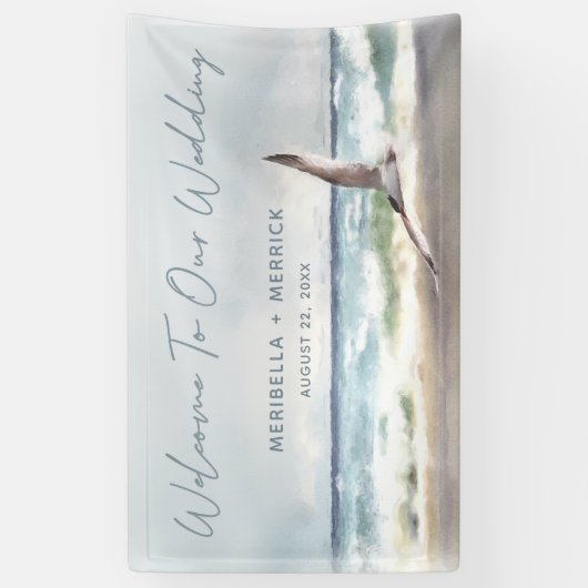 Beach Waves Waterverf Zeegezicht Bruiloft Welkom Spandoek (Verticaal)