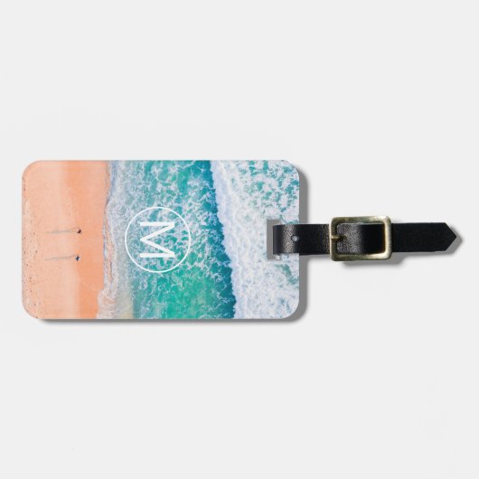 Beach Waves, White Monogram in Circle Contact info Bagagelabel (Voorkant horizontaal)