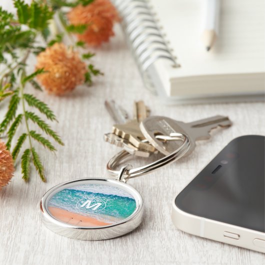 Beach Waves, White Monogram in Circle Sleutelhanger (Zijkant)
