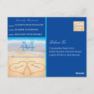 Beach Weddenschap 2 Harten Zand Donk Blue RSVP Briefkaart