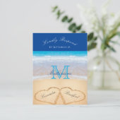 Beach Weddenschap 2 Harten Zand Donk Blue RSVP Briefkaart (Staand voorkant)