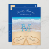 Beach Weddenschap 2 Harten Zand Donk Blue RSVP Briefkaart (Voorkant / Achterkant)