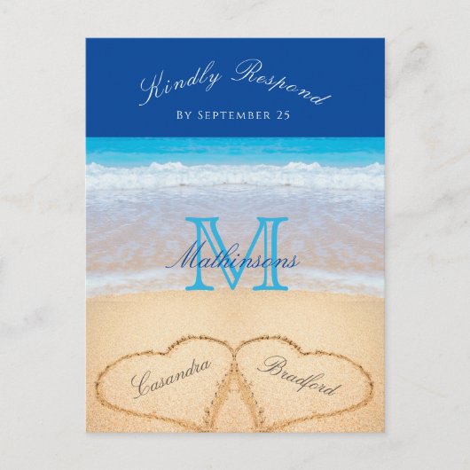 Beach Weddenschap 2 Harten Zand Donk Blue RSVP Briefkaart (Voorkant)