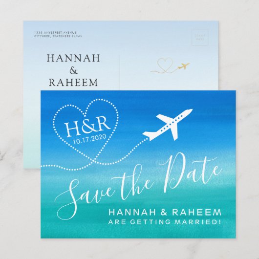 Beach Weddenschap Blauwgroen Blue Ombre Save the D Aankondigingskaart (Voorkant / Achterkant)