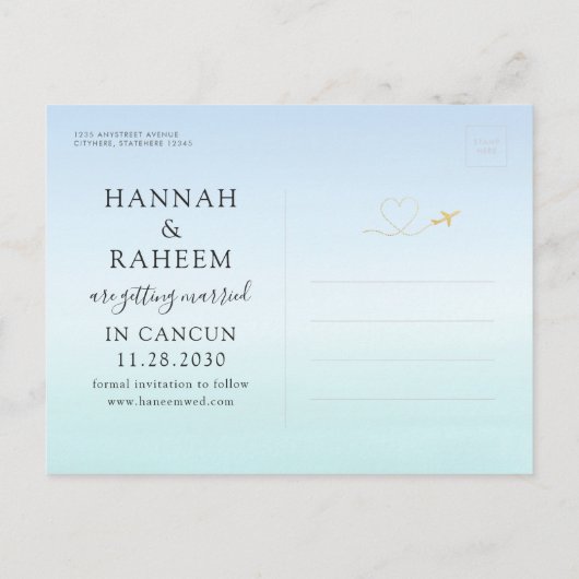 Beach Weddenschap Blauwgroen Blue Ombre Save the D Aankondigingskaart (Achterkant)