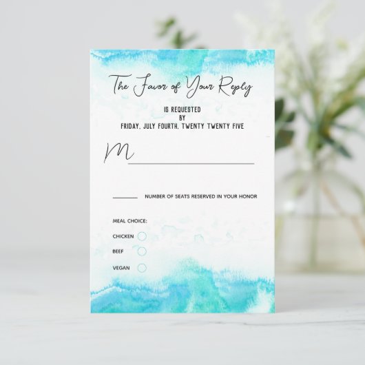 Beach Weddenschap Blue Waves Meal Choice RSVP-kaar RSVP Kaartje (Staand voorkant)