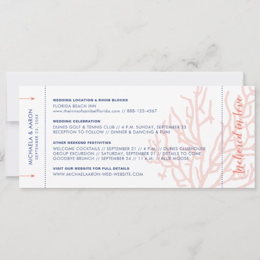 Beach Weddenschap boarding pass Save Date Coral Pi Aankondiging (Achterkant)