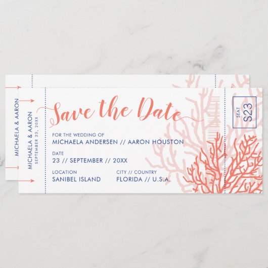 Beach Weddenschap boarding pass Save Date Coral Pi Aankondiging (Voorkant / Achterkant)