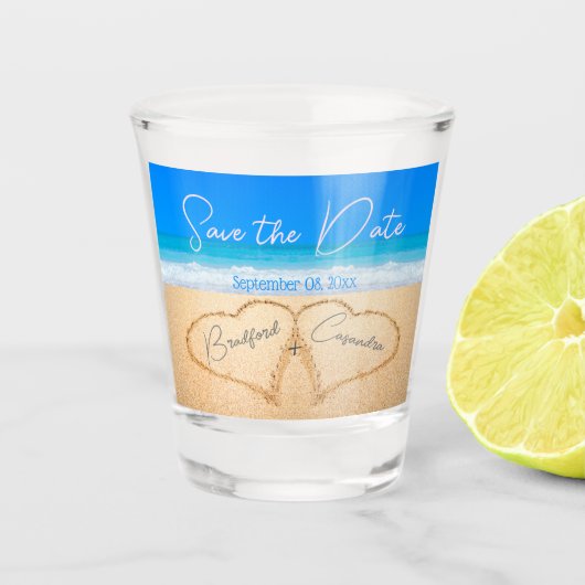 Beach Weddenschap harten in zand, sla de datum op Shot Glas (Voorkant)